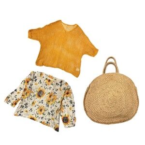sunflower knit top XL, yellow knit top XL, round straw tote bag